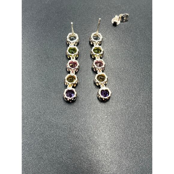 K 925 Sterling Silver Rhodium Semi Precious Multi Gemstone Round Dangle Earrings - Picture 7 of 14